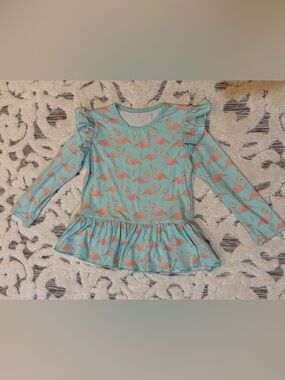 Serendipity 9/10 Kids Flamingo Ruffle Long Sleeve Blue & Pink rashguard swim